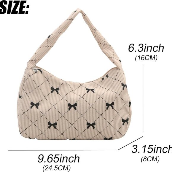 Women's Corduroy Bow Print Tote Bag Small Shoulder Handbag Travel Wallet - Picture 6 of 7